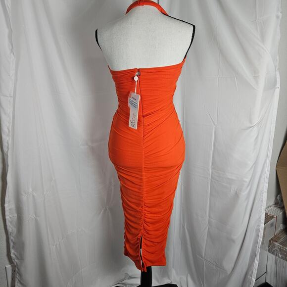 Oh Polly Halter Cutout Ruched Midi Dress Women's Sz 4  Orange Bodycon Party - Picture 6 of 14